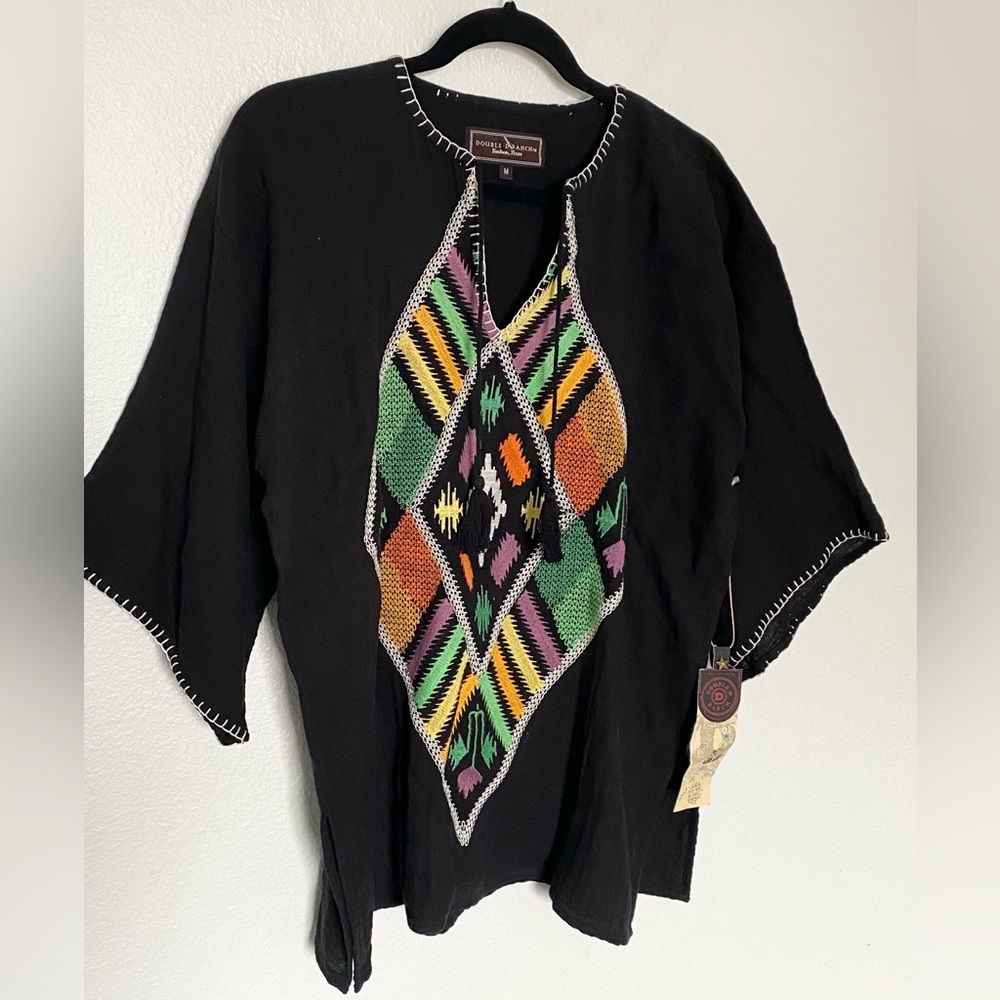 NWT Double D Ranch Embroidered Cotton Top Whipstitch Tassel Tie Black Medium
